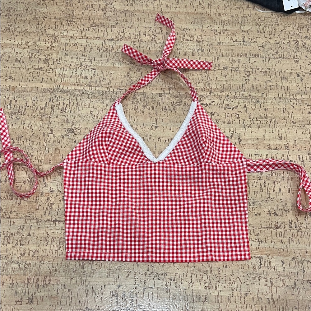 Red Gingham Halter Crop Top